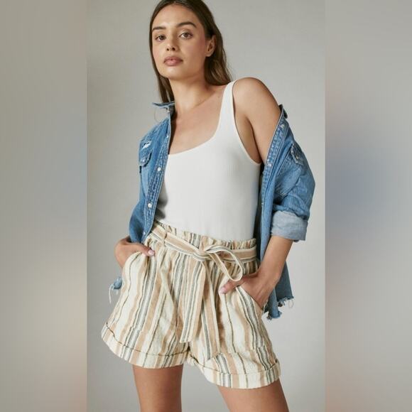 Lucky Brand NWT Linen Blend Paperbag Shorts Tan Striped High Waist Size Large - Picture 1 of 9